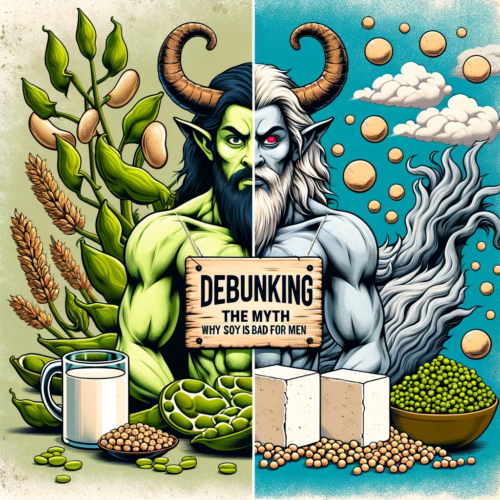 A man with horns surrounded by soy plants and soy beans with red eyes and horns with the sign 'Debunking the myth: Why Soy is Bad for Men'.