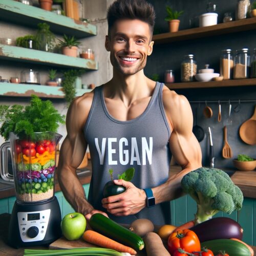 A fit man wearing a vegan tank top surrounded by vegetables and low FODMAP foods.