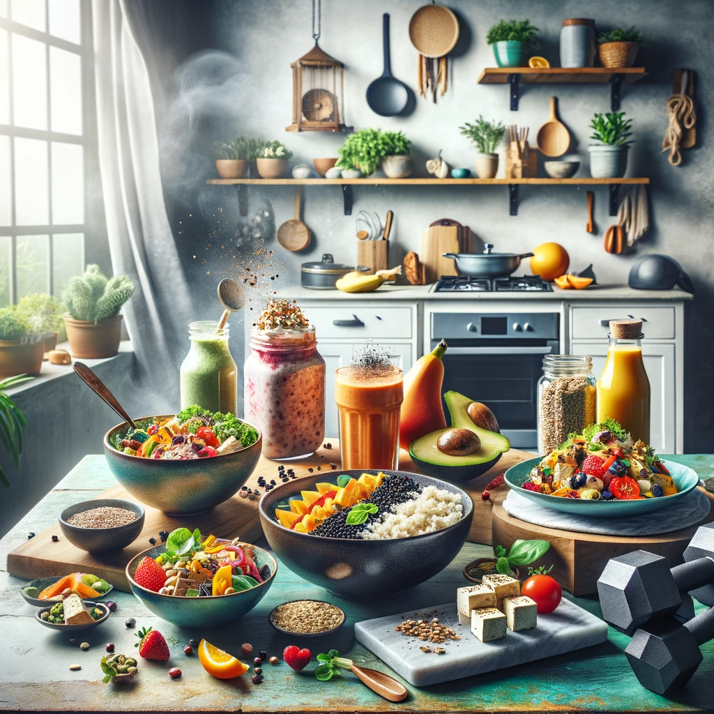 A bright kitchen filled with fruits, vegetables and high protein sources for the blog article 'Fuel Your Workout_ A Day of Vegan, High-Protein Recipes for Athletes.'