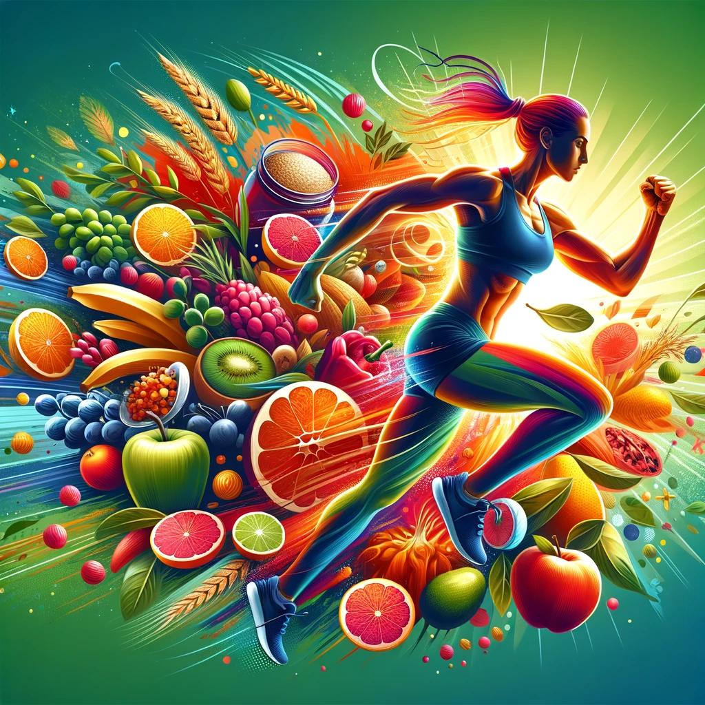 A woman sprinting in front of fruit, vegetables and legumes.