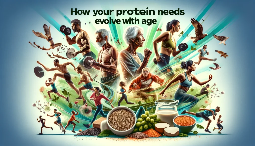 A blog cover image for a blog titled 'How Your Protein Needs Evolve with Age', featuring a dynamic collage of athletes of various ages engaging in different activities