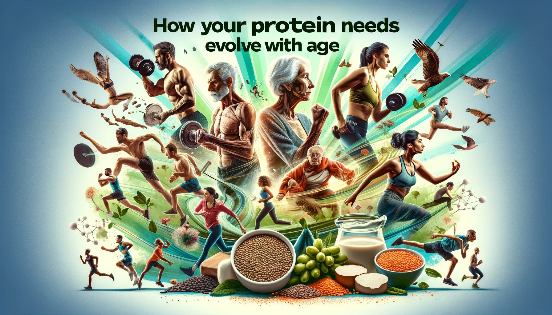 A blog cover image for a blog titled 'How Your Protein Needs Evolve with Age', featuring a dynamic collage of athletes of various ages engaging in different activities