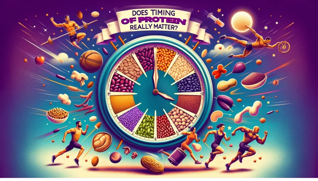 A blog cover image titled 'Does Timing of Protein Really Matter',The design features a clock at the middle with vegan protein sources and athletes around the clock