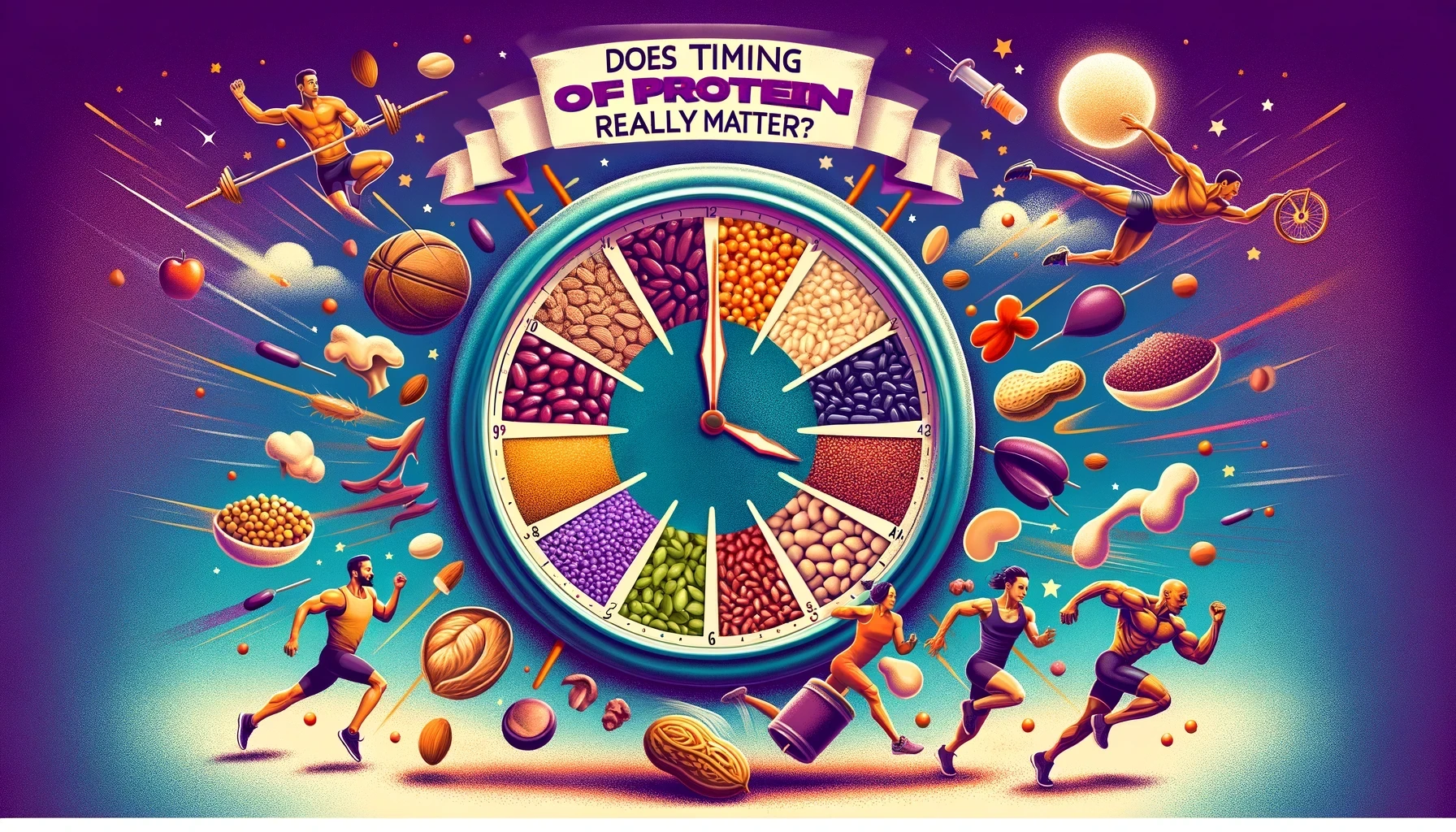 A blog cover image titled 'Does Timing of Protein Really Matter',The design features a clock at the middle with vegan protein sources and athletes around the clock