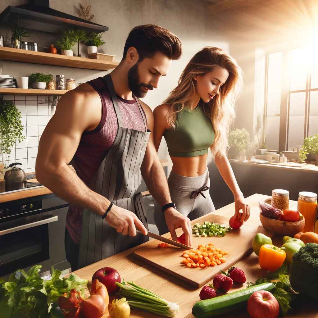 A vibrant and inspiring blog cover image featuring two athletes in a modern, well-lit kitchen preparing vegan-based food