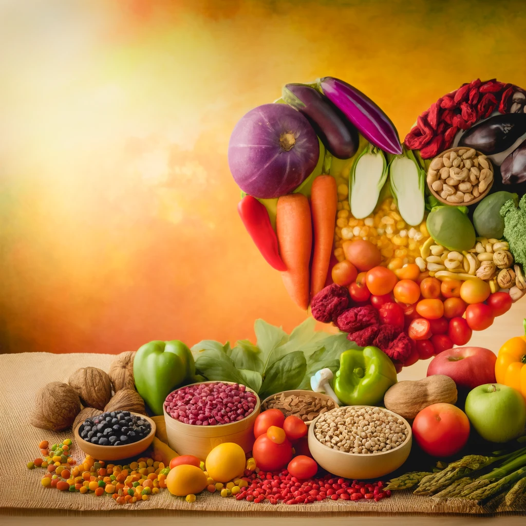 A vibrant and inviting image that captures the essence of plant-based nutrition without any text. The scene includes a variety of colorful fruits, vegetables