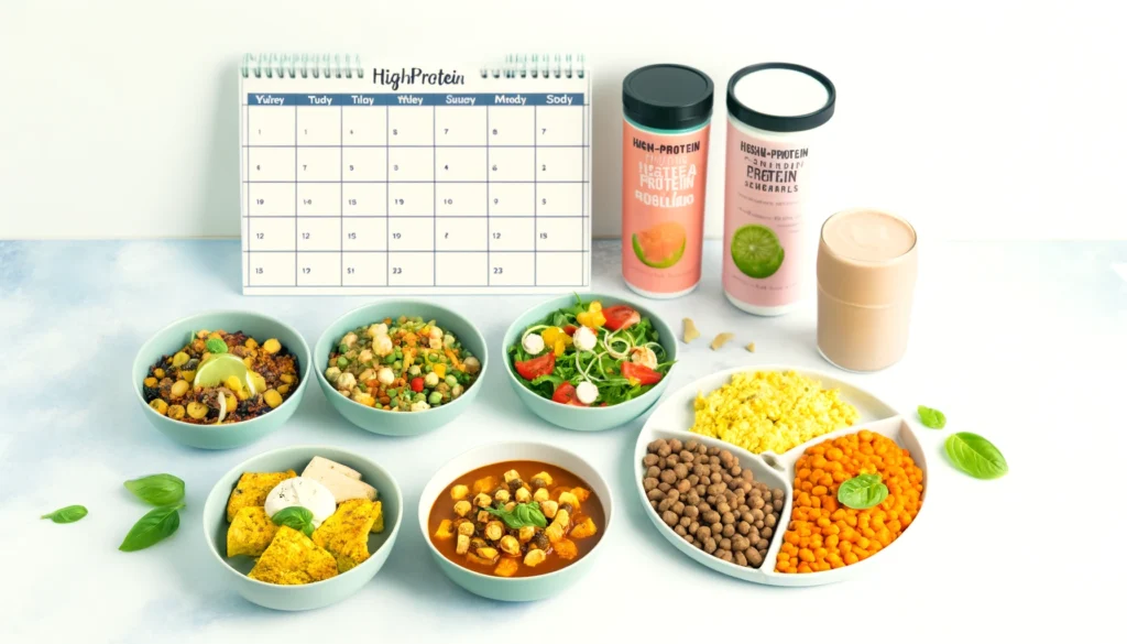 An image suitable for a blog post about high-protein vegan meal planning. The composition features a week's layout of various vegan meals, artisticall