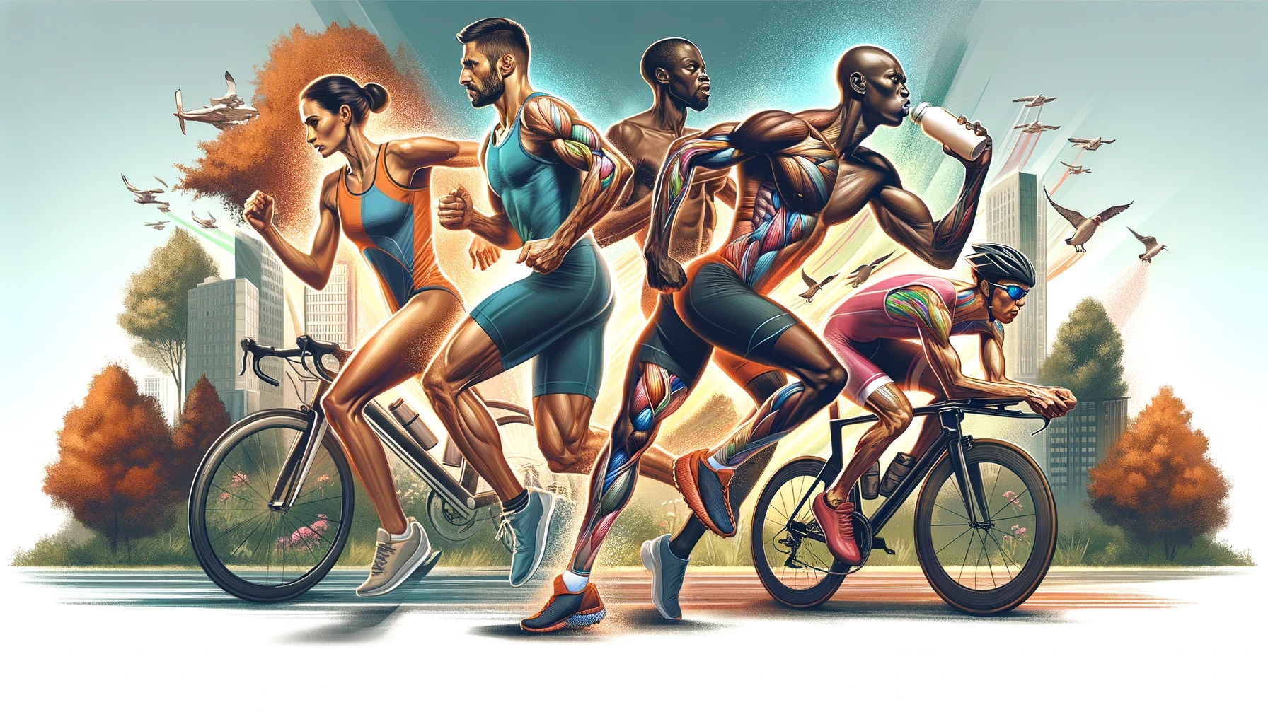 A blog cover image featuring a diverse group of happy endurance athletes_ a Caucasian female marathon runner, an African male cyclist, and an Asian ma