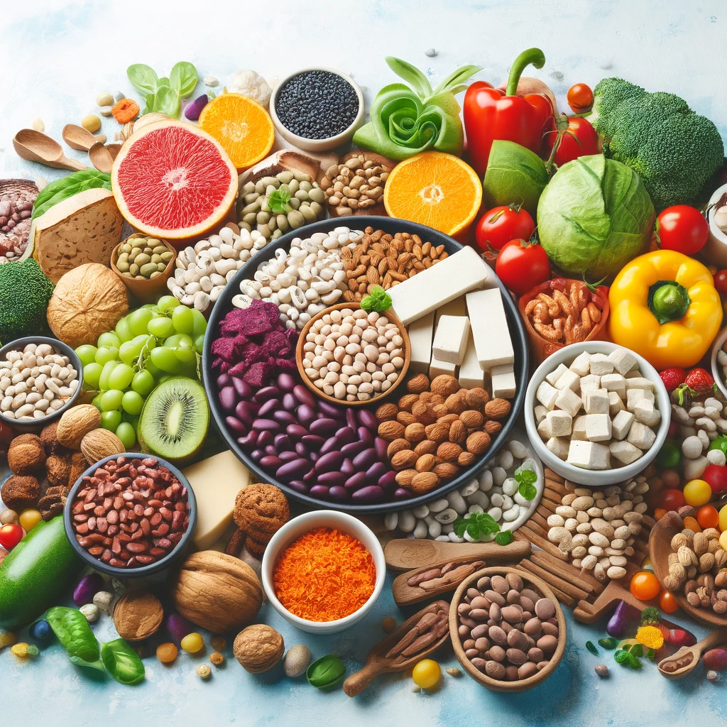 a vibrant and inviting image that showcases a variety of colorful plant-based protein sources such as legumes, nuts, seeds, and tofu, artistica