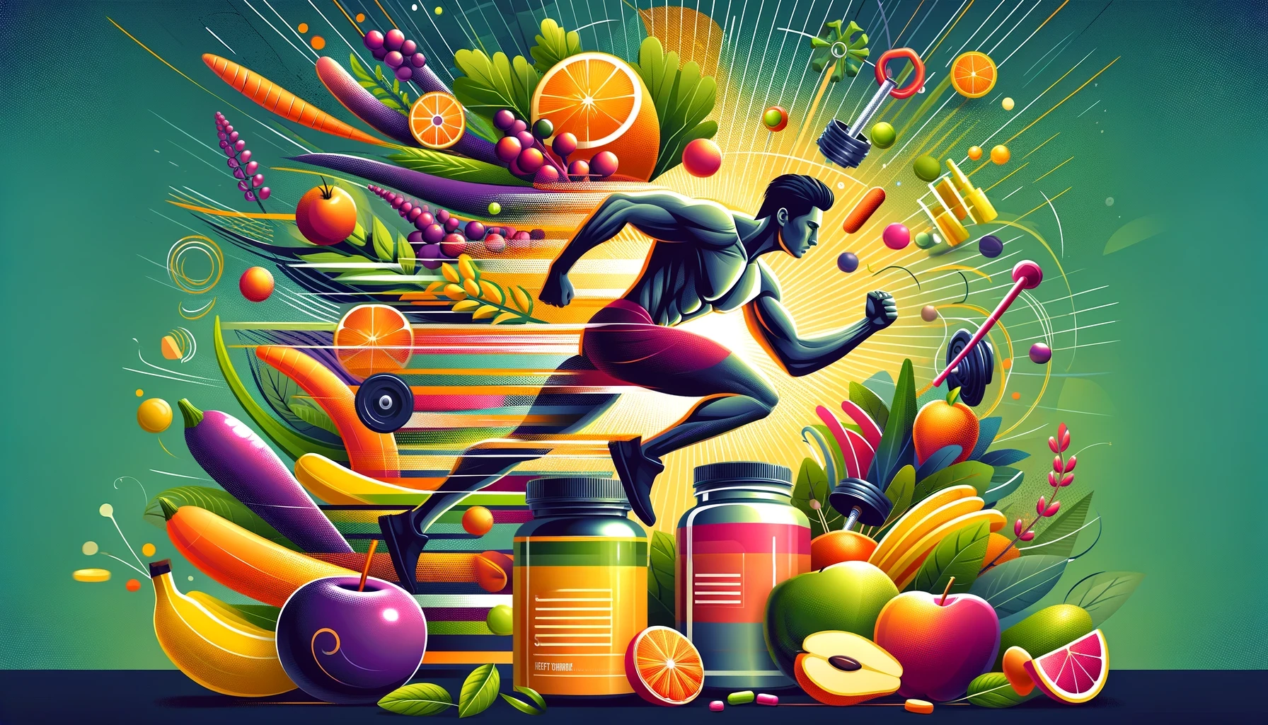 a vibrant image featuring an athletic figure in mid-action, such as running or lifting weights, surrounded by an assortment of vibrant fruits and vegetables