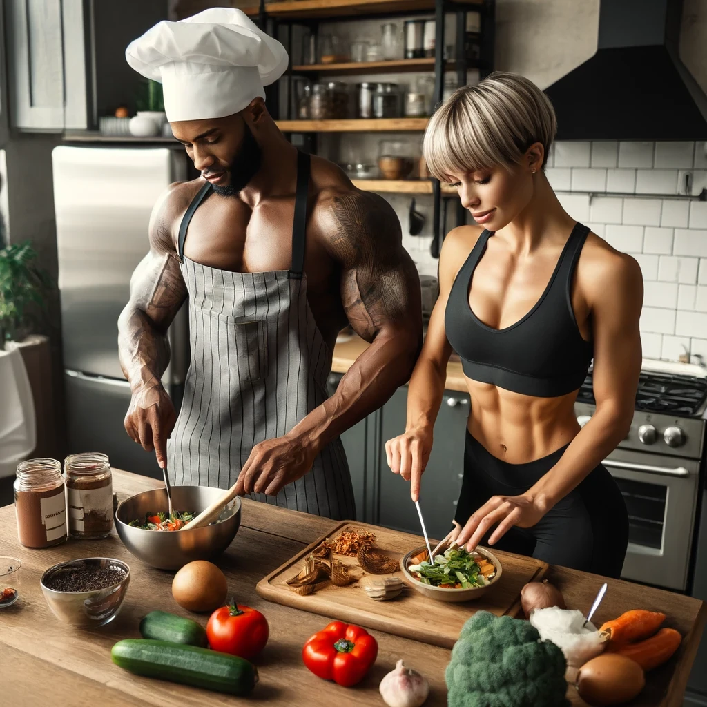 A blog cover image featuring two athletes in a kitchen, cooking vegan recipes together. One athlete is a tall, muscular African-American male wearing