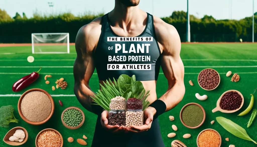 A blog cover image titled 'The Benefits of Plant-Based Protein for Athletes'. The image shows a fit athlete, wearing athletic gear, holding a variety