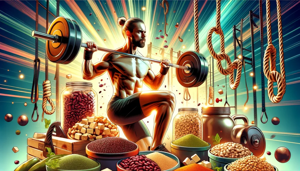 A vibrant and dynamic cover image for a blog titled 'Maximizing Performance_ Optimal Vegan Protein Consumption for CrossFit Workouts'. The scene shoul