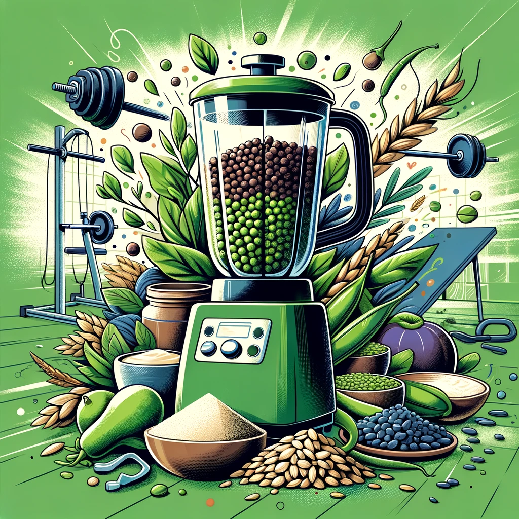 A vibrant and energetic illustration for a blog cover, depicting a variety of organic ingredients commonly used in vegan protein powders, such as peas