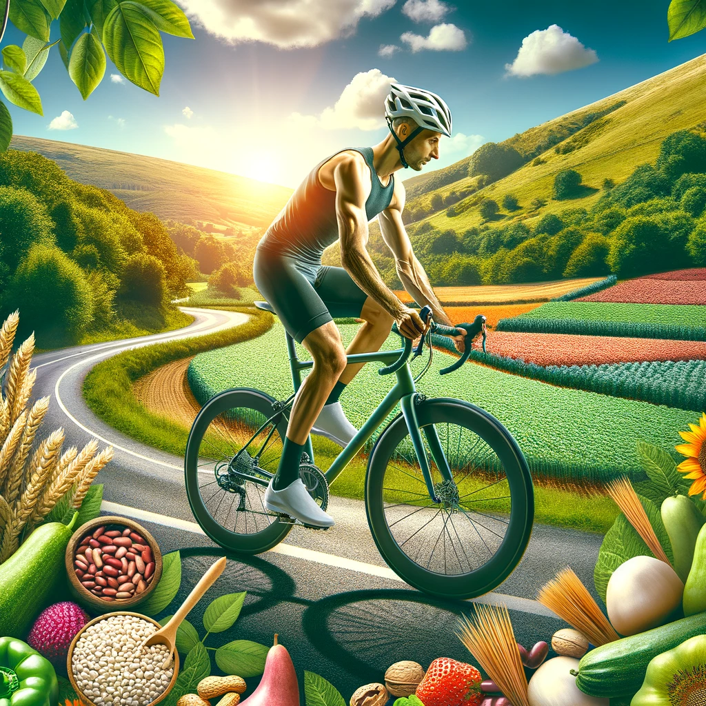 A vibrant and energetic scene depicting a cyclist on a long ride through a picturesque landscape, fueled by a plant-based diet