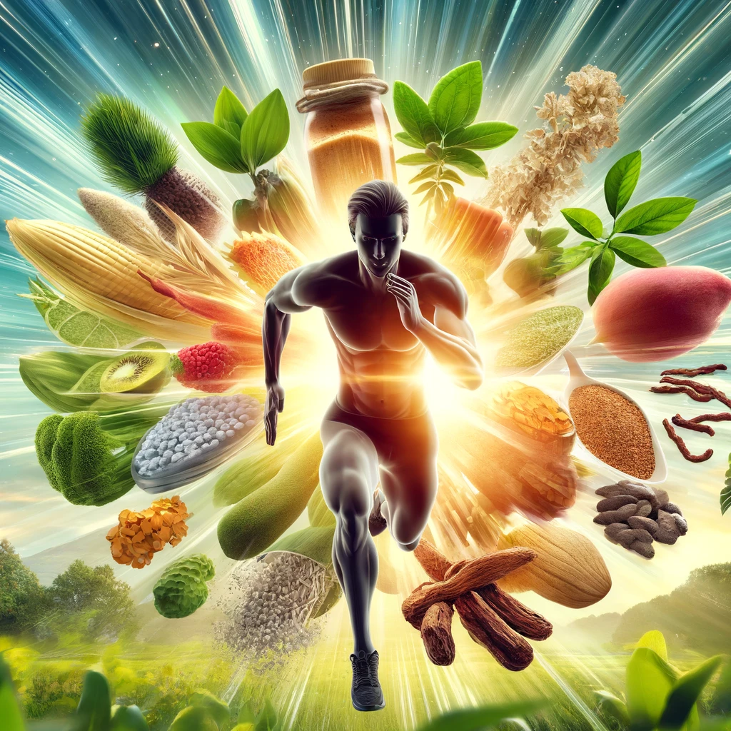 An image depicting the theme of athletic benefits from plant-powered protein, featuring superfoods like Organic Maca Root, Organic Ashwagandha Root Ex