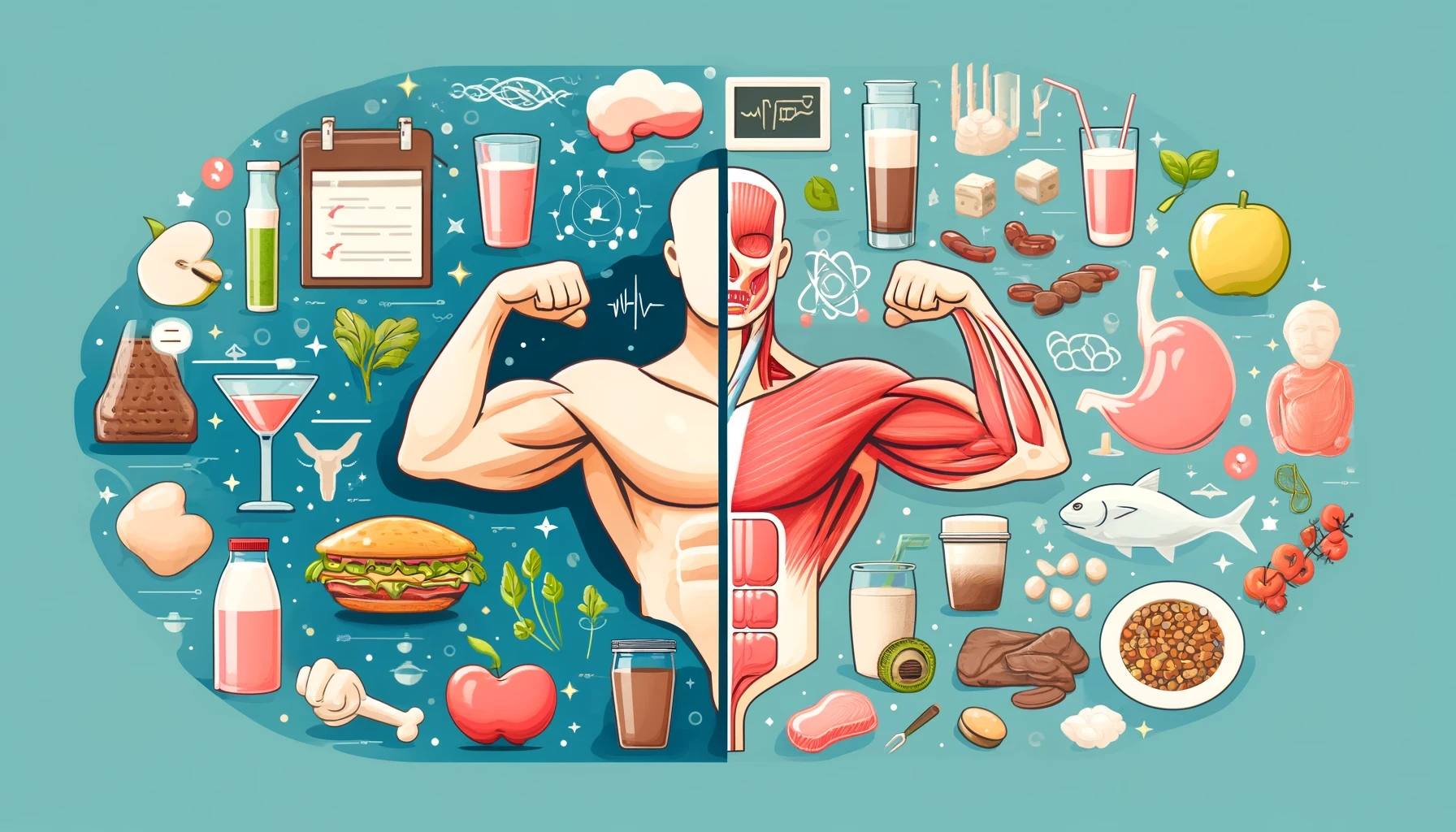 A blog header image with a split design_ one half showing common myths about protein absorption with icons or illustrations (like exaggerated muscles,