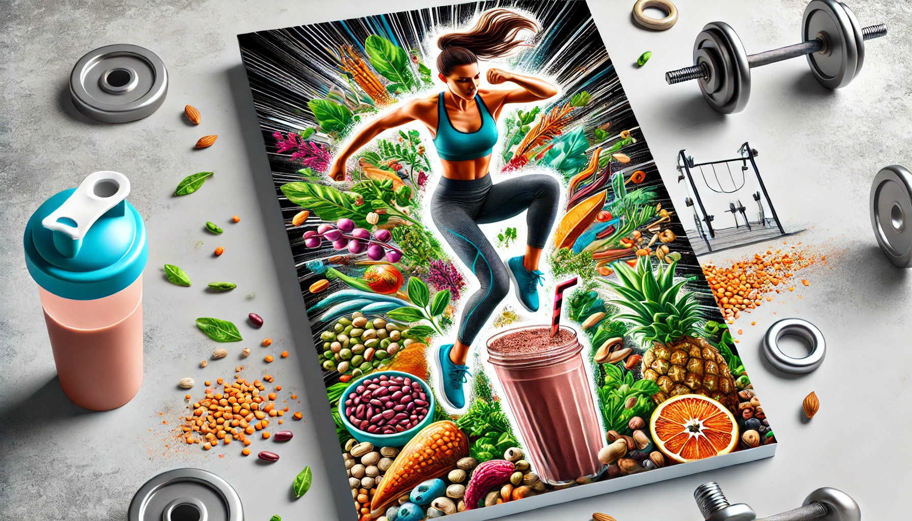 A dynamic cover art featuring a plant-based athlete. The athlete is mid-action, surrounded by vibrant, healthy plant-based foods like beans, lentils,