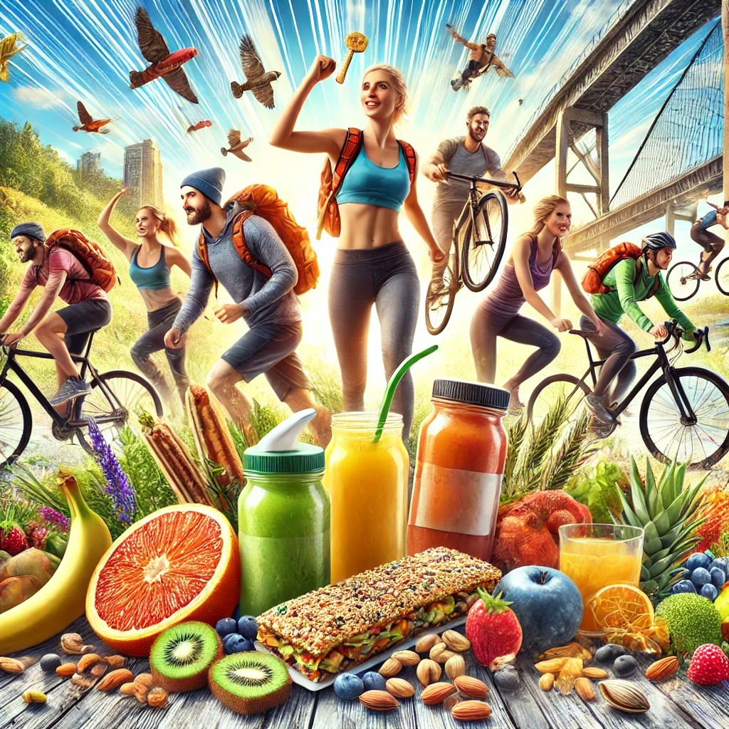 A lively and energetic scene showcasing a variety of plant-powered snacks for active people on the go. Depict a diverse group of active individuals, s