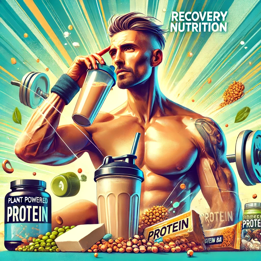 A vibrant and dynamic illustration focusing on recovery nutrition for a blog called 'Plant Powered Athlete' and the importance of vegan protein post-e