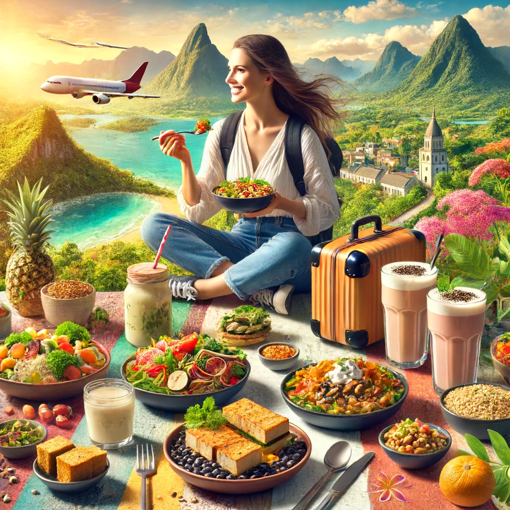 A vibrant and dynamic scene showing a high-protein vegan traveler enjoying delicious and healthy food on the go. The traveler, dressed in casual trave