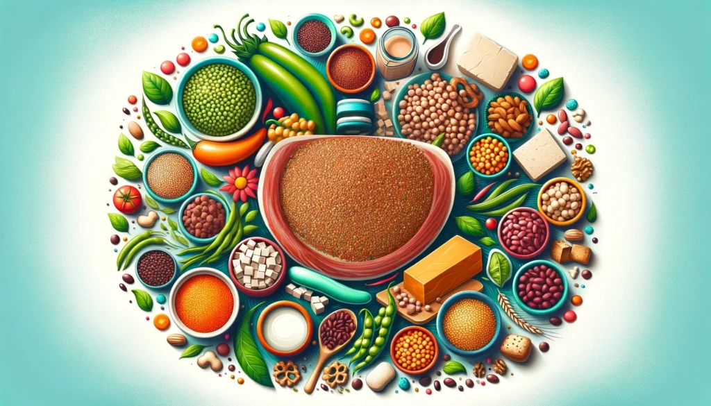 A vibrant and eye-catching cover image for a blog featuring a colorful assortment of plant-based protein sources such as lentils, chickpeas, quinoa, t