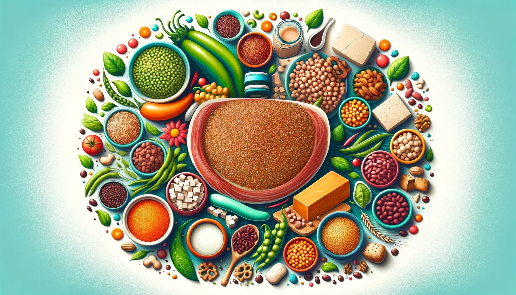 A vibrant and eye-catching cover image for a blog featuring a colorful assortment of plant-based protein sources such as lentils, chickpeas, quinoa, t