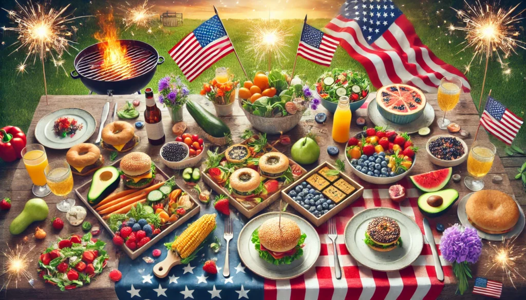 Plant-Based Recipe Recommendations for July 4th Celebrations'. The image features a festive picnic scene with a variety o