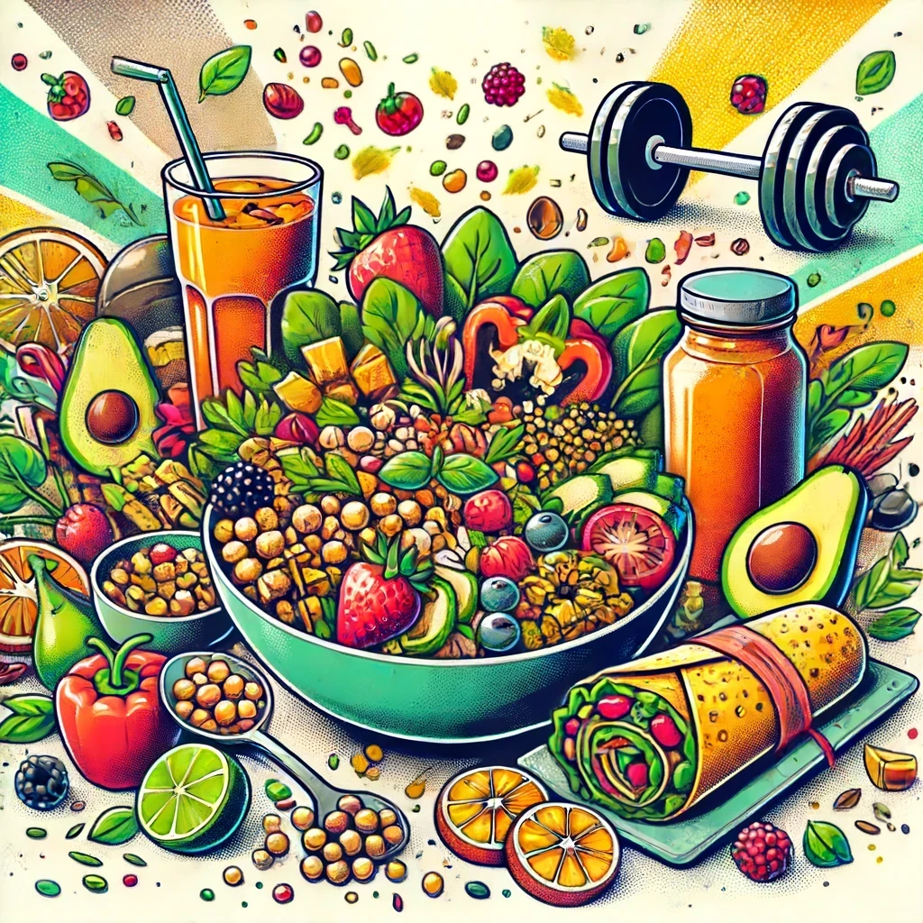 A vibrant and dynamic illustration featuring simple post-workout recipes with plant-powered protein. The image should show a variety of plant-based di