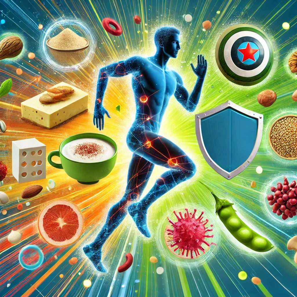 A dynamic and vibrant cover image for a blog post on the link between protein and immune system function. The image features an athletic person runnin