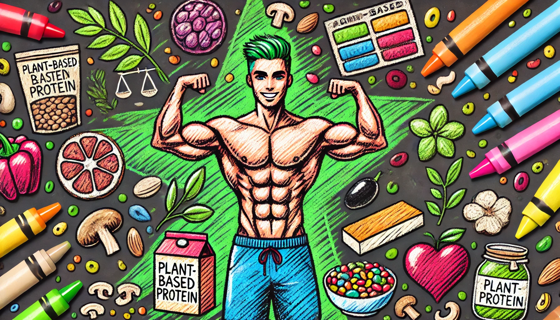 A crayon-style blog cover image for a blog titled 'Common Misconceptions About Plant-Based Protein.' The image should feature a fit and muscular athle