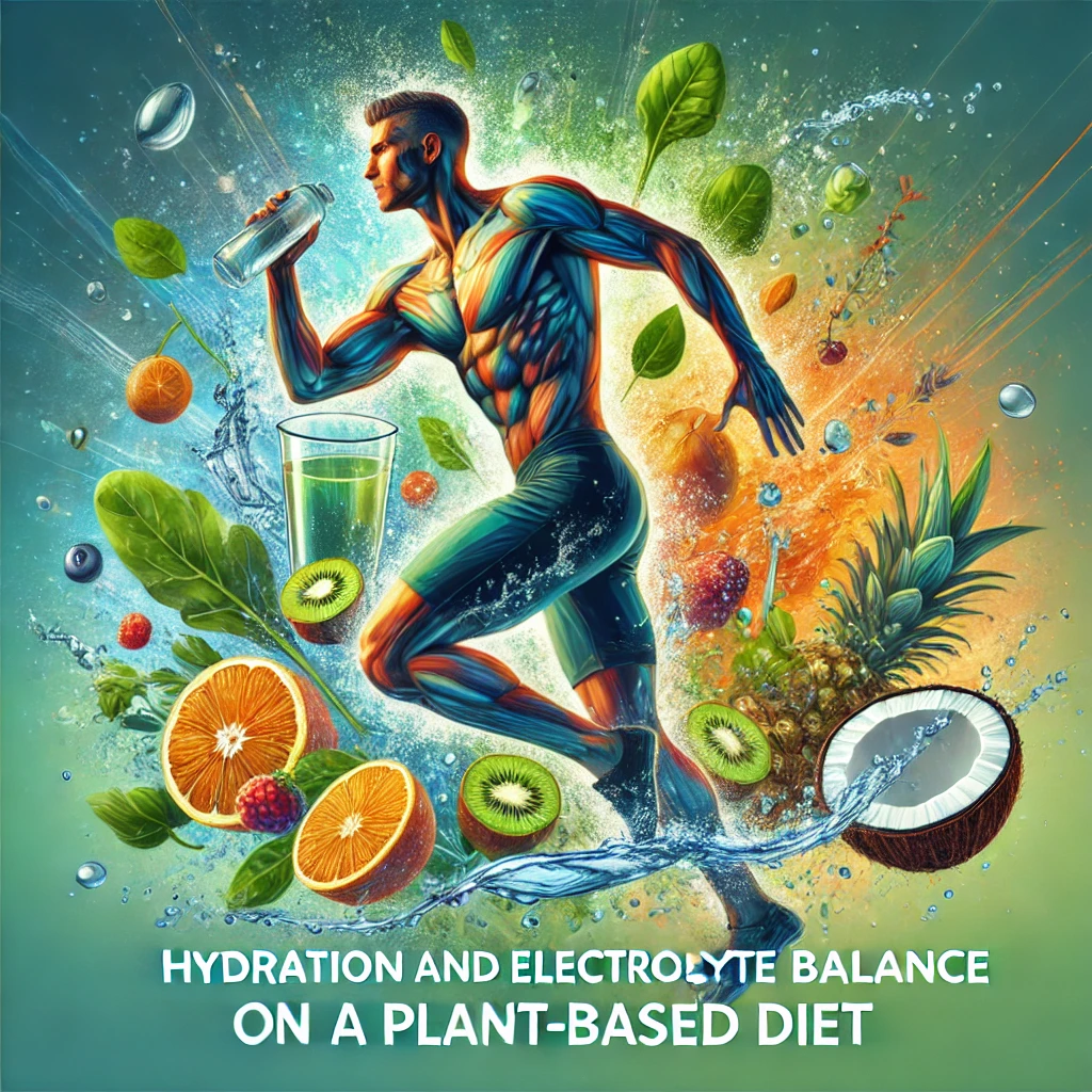 A vibrant and dynamic blog cover art for a plant-powered athlete focusing on hydration and electrolyte balance The scene features a strong fit athle