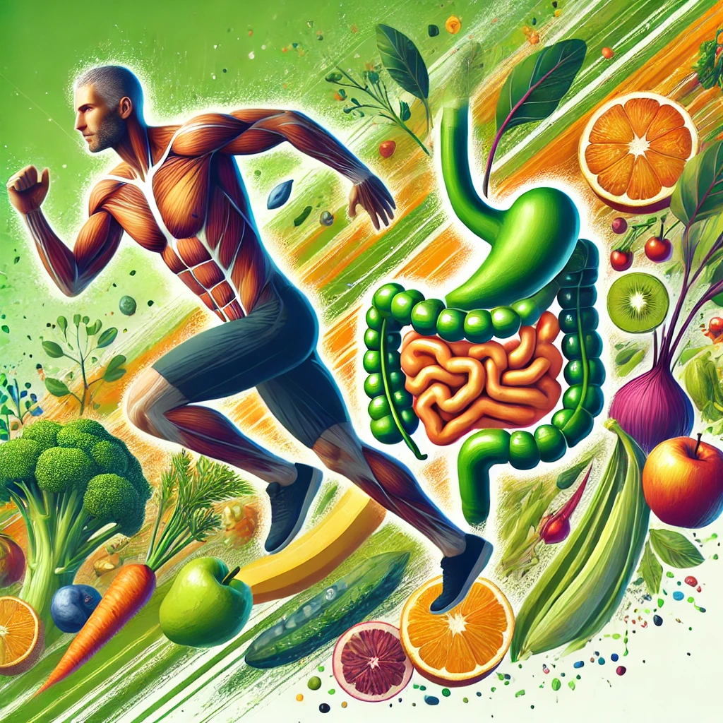 A vibrant and dynamic blog cover art featuring the theme Gut Health and Athletic Performance_ The Plant-Based Connection The design should include