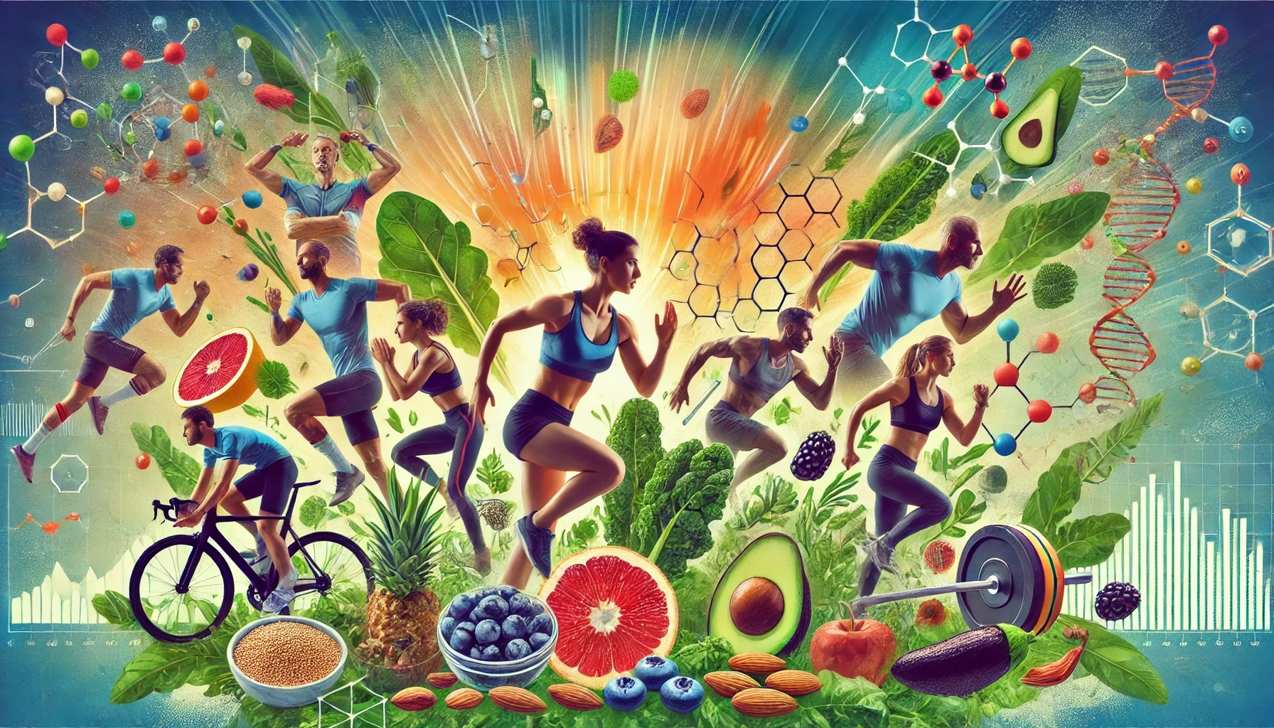 A vibrant and dynamic image featuring a strong diverse group of athletes in actionrunning cycling and lifting weightssurrounded by a variety of c