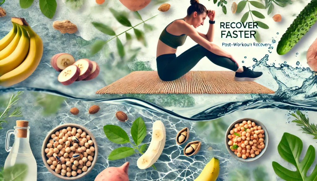 A visually appealing blog cover image for Recover Faster_ The Best Plant-Based Foods for Post-Workout Recovery The design showcases a serene and re