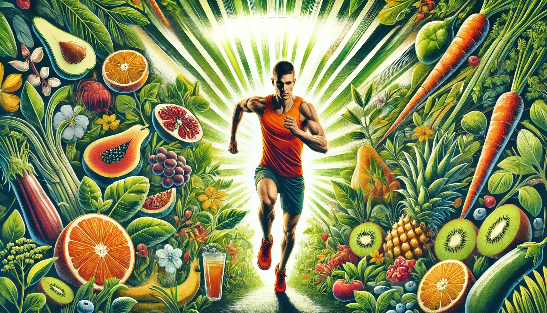 A vibrant and energetic cover image featuring an enthusiastic runner on a trail surrounded by lush greenery and colorful fruits and vegetables. The ru