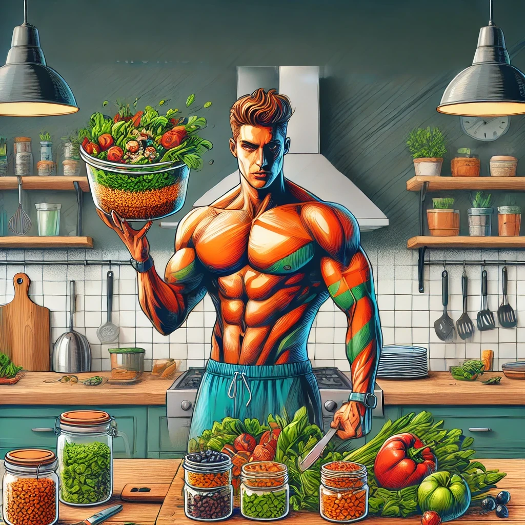 a vibrant blog cover image featuring a strong energetic athlete holding a variety of colorful vegetables and plant-based foods like quinoa legumes