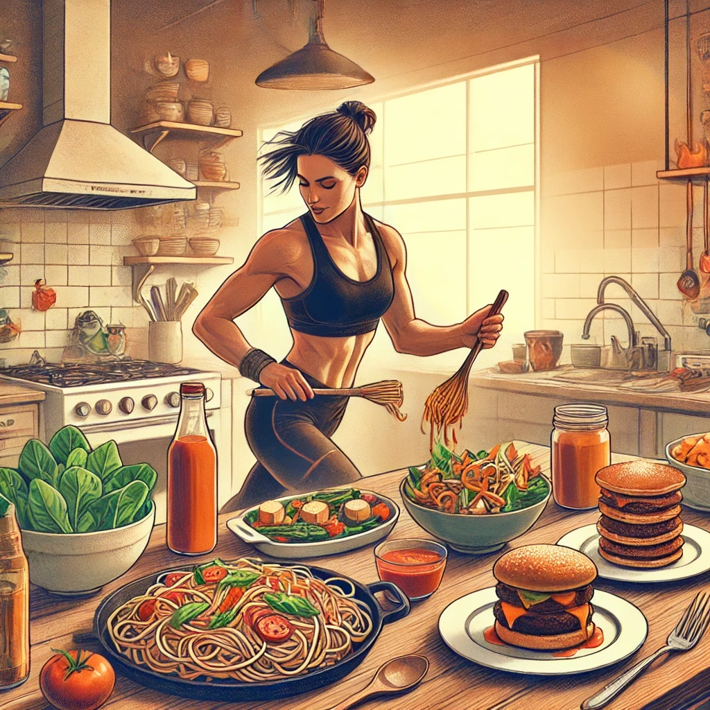 blog cover image featuring a vibrant athletic figure enjoying or preparing classic dishes like spaghetti burgers and pancakes but with pl