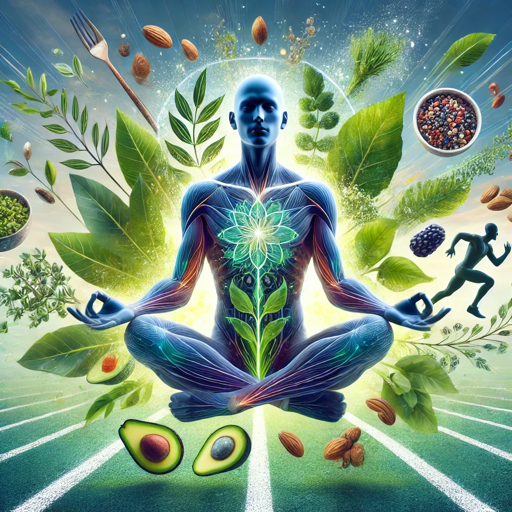 Cover art for a blog article titled Integrating Mindfulness and Plant-Based Nutrition for Peak Performance The image should combine elements of min