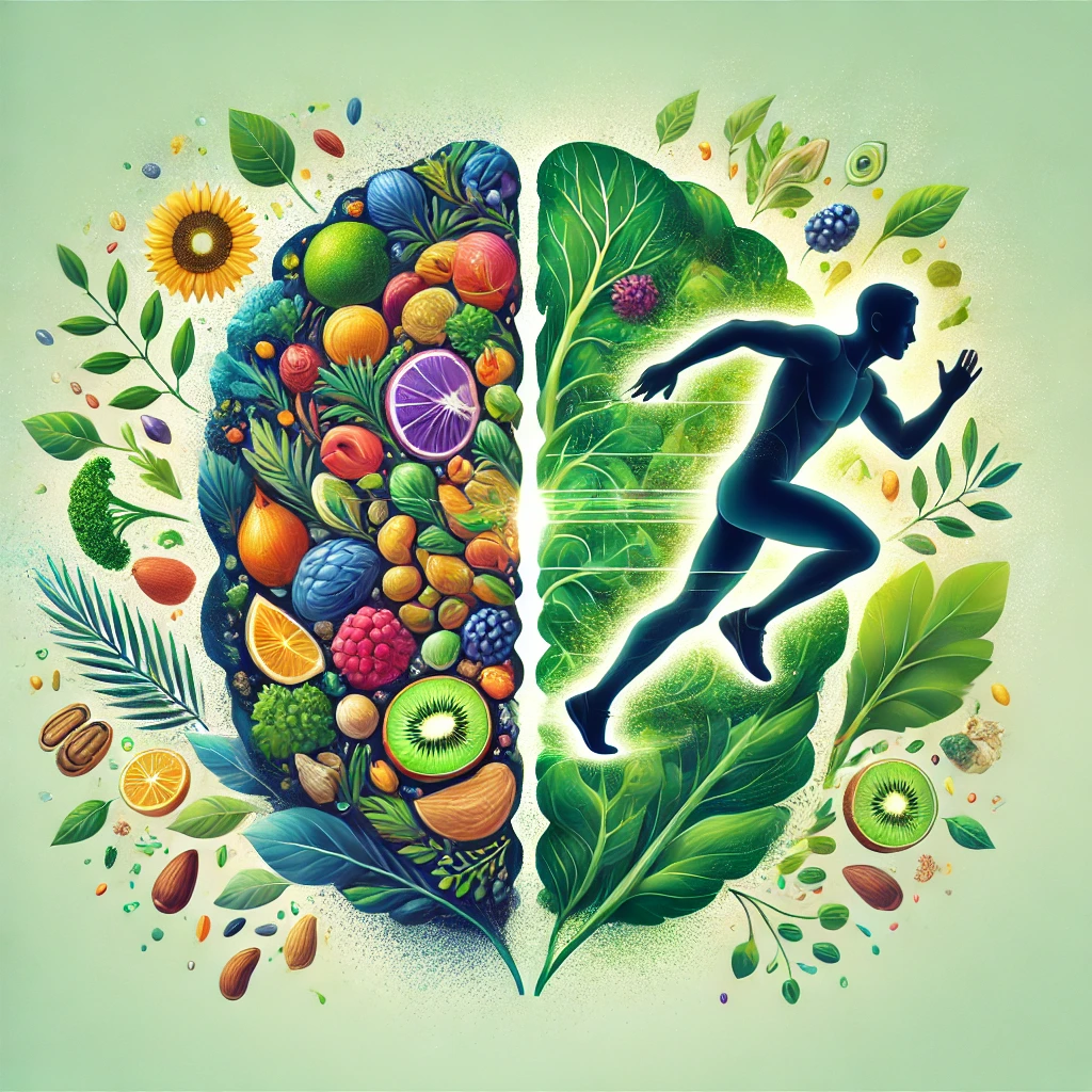 Cover art for a blog article titled Plant-Based Nutrition for Mental Health and Athletic Performance The image should feature a dynamic blend of el