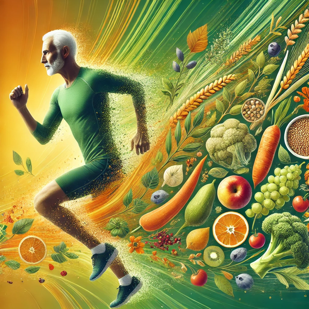 Cover art for a blog article titled The Benefits of a Plant-Based Diet for Aging Athletes The image should feature a harmonious blend of elements r